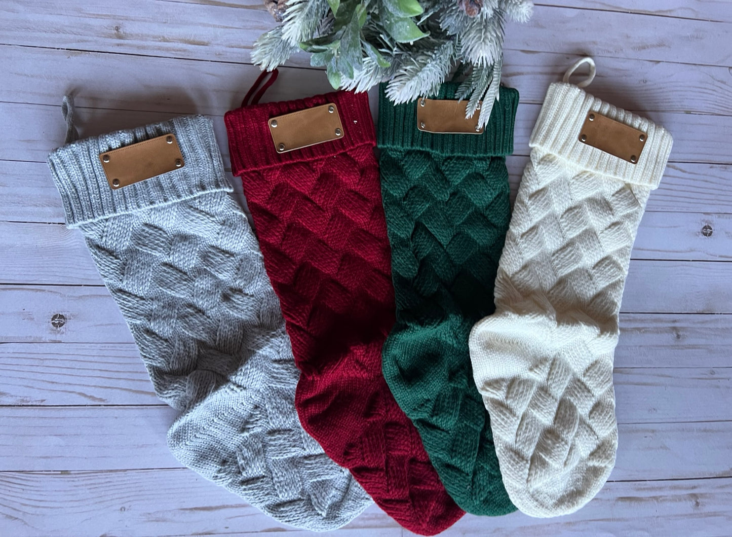 Cable Knit Christmas stockings with leather patch