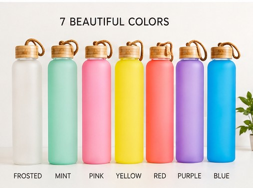20oz Sublimation Frosted Glass Water Bottle with Bamboo Lid | 7 Colours | Personalized Gift & Seasonal Designs
