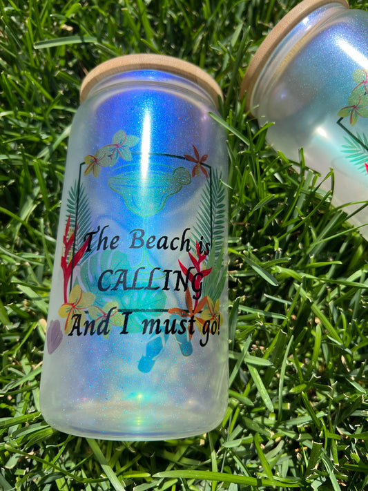 16 OZ Iridescent glitter Can shaped beer glasses with bamboo lid