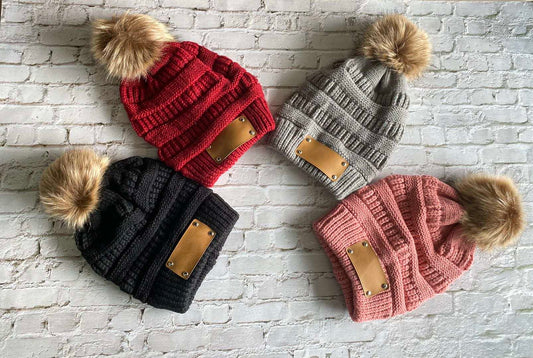 Knit Beanie Toques with Leather Patches (One Size)