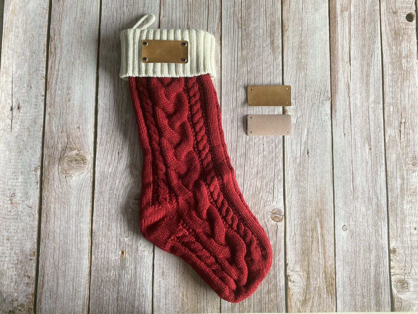 Cable Knit Christmas stockings with leather patch