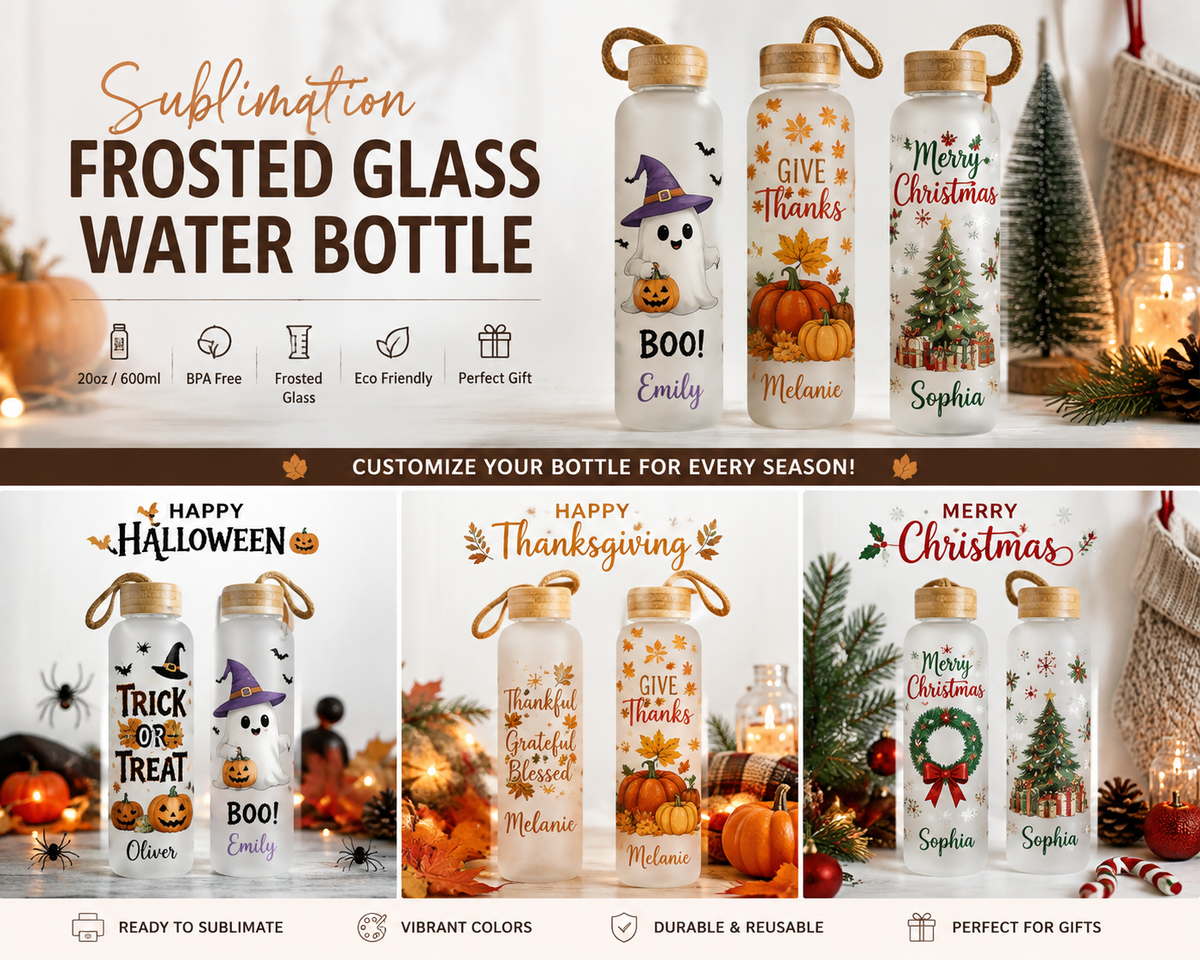20oz Sublimation Frosted Glass Water Bottle with Bamboo Lid | 7 Colours | Personalized Gift & Seasonal Designs