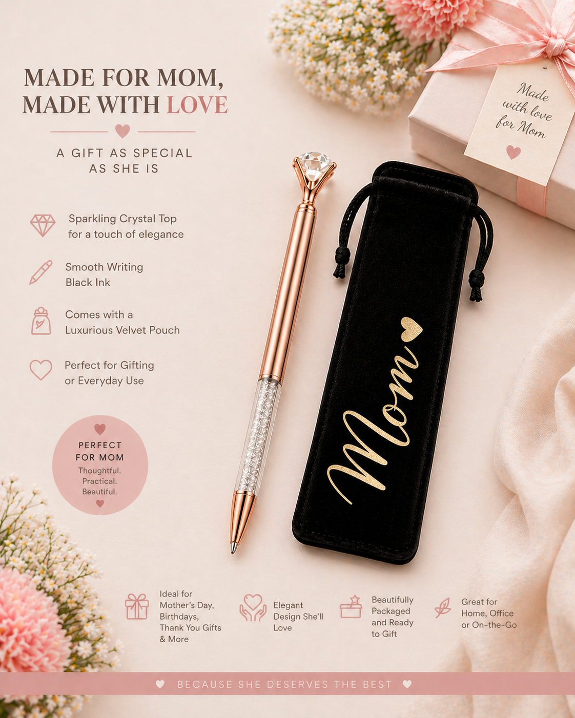 Crystal Top Pen with velvet pouch