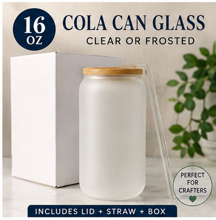 16 oz Libbey-Style Cola Can Glass | Frosted | Includes Bamboo Lid, Straw & Box