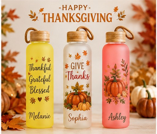 20oz Sublimation Frosted Glass Water Bottle with Bamboo Lid | 7 Colours | Personalized Gift & Seasonal Designs