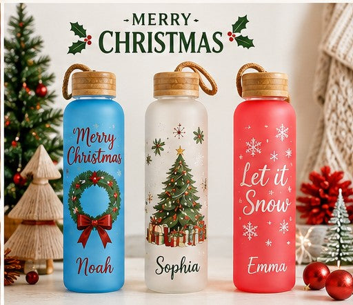 20oz Sublimation Frosted Glass Water Bottle with Bamboo Lid | 7 Colours | Personalized Gift & Seasonal Designs