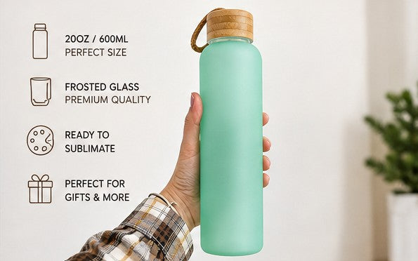 20oz Sublimation Frosted Glass Water Bottle with Bamboo Lid | 7 Colours | Personalized Gift & Seasonal Designs