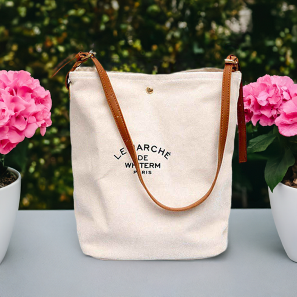 Canvas Tote Bag with Leather Handles Off White