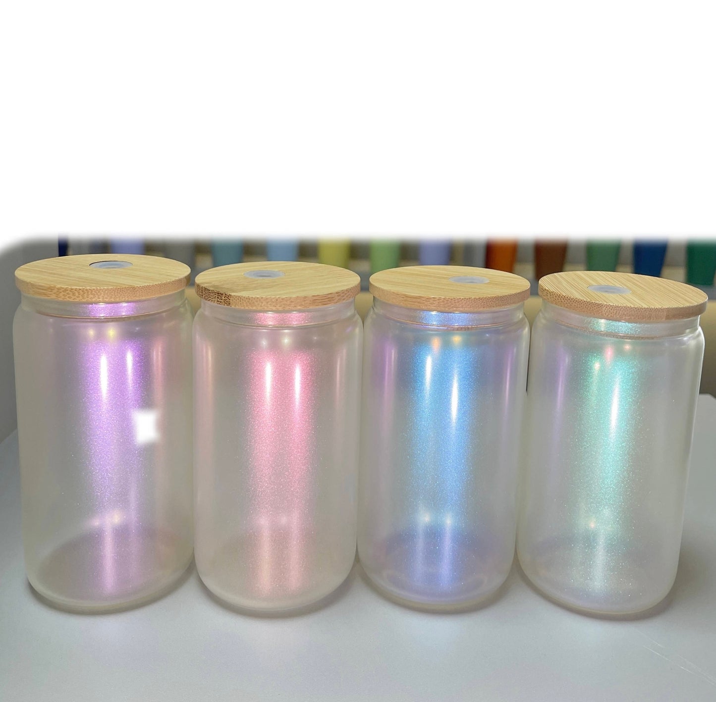 16 OZ Iridescent glitter Can shaped beer glasses with bamboo lid