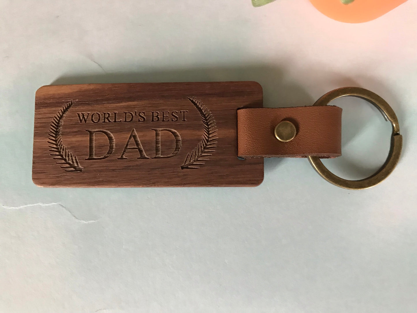 Fathers Day KeyChain Walnut Wood with Leather -BEST DAD